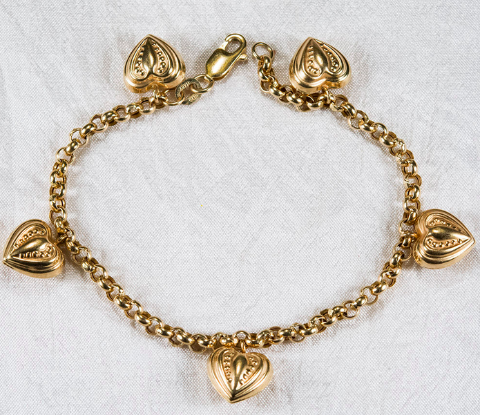 Puffy Repousse Heart Charm Bracelet 14k Gold Belcher Chain