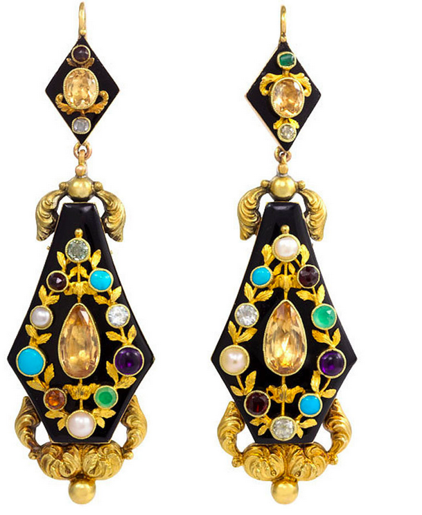 Antique Georgian Onyx and Multigemstone earrings circa 1830 from Kentshire .