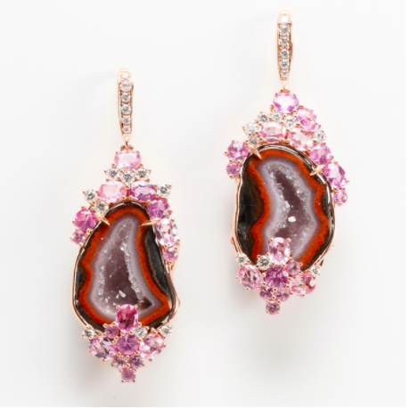 Natural Druzy and pink Sapphire Earrings set in18K Pink Gold. Designer: Rina Limor